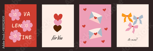 Creative concept of Happy Valentines Day cards set. Modern abstract art design with hearts, geometric, flowers, ribbons. Celebration templates, ads, branding, banner, cover, label, poster, sales.