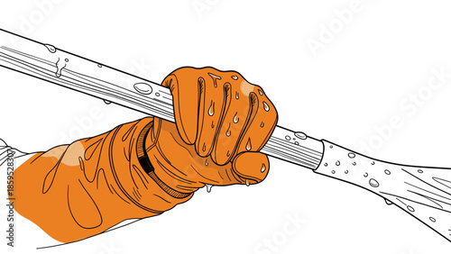 Hand gripping paddle in rainy weather with water droplets in outline style