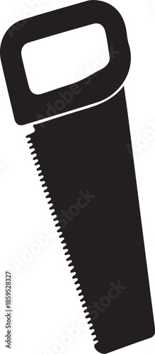 Black silhouette of a hand saw with a rectangular handle and sharp teeth white tool