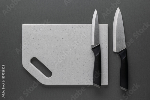 Wallpaper Mural Modern Kitchen Essentials: Cutting Board and Stainless Steel Knives on Gray Surface Torontodigital.ca
