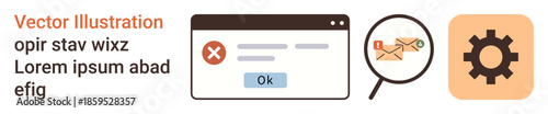 Troubleshooting, email analysis, communication, system settings, error resolution, online functionality. Error message pop-up, email under magnifying glass gear icon. Troubleshooting and email