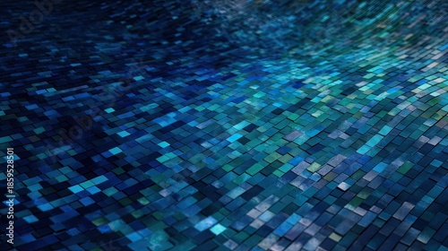 Abstract depiction of a curved surface covered with rectangular, mosaic-like blue tiles