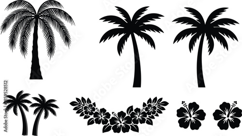 Tropical palm tree and hibiscus flower silhouette vector illustration set for summer beach vacation island paradise design decoration themes