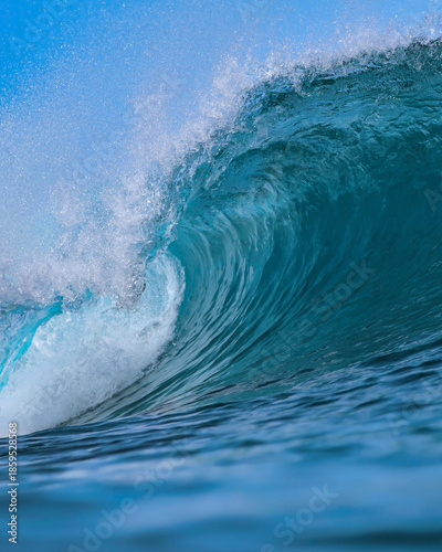 CloseUp Ocean Wave Curling With Spray, Majestic Blue Barrel, HighSpeed Capture Of Translucent Water,
