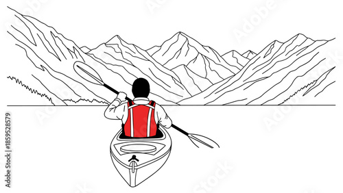 Mountain kayaking adventure in line art with majestic peaks