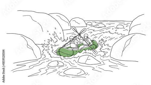 Dynamic adventure in white water rafting down a rocky river gorge in linear style