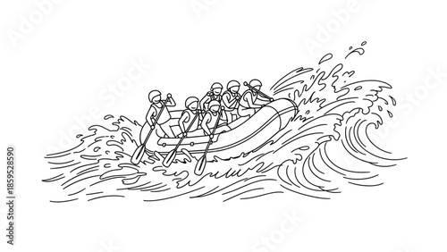 Adventure rafting scene with river waves in linear style