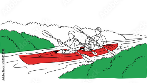 Family kayaking adventure in vibrant nature scene