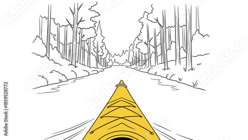 Kayak adventure in scenic river landscape with minimalist style