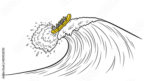 Dynamic rafting adventure: black and white wave scene with yellow raft