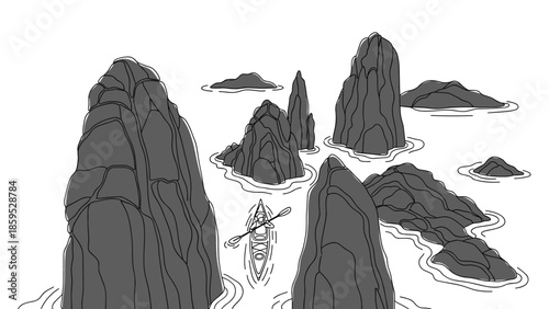 Monochrome kayaking adventure through dramatic rocky seascape