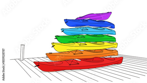 Colorful stacked kayaks on a wooden deck with minimalist design