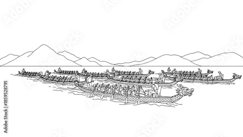 Dragon boat race line art depicting traditional asian culture in a scenic mountain setting