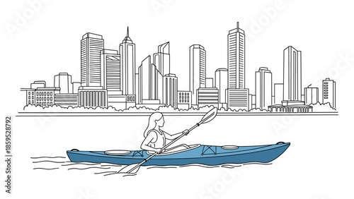 Cityscape kayaking adventure: linear style with modern urban skyline