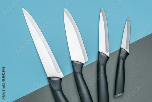Wallpaper Mural Set of Professional Kitchen Knives Displayed on a Modern Blue and Gray Background Torontodigital.ca