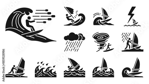 Minimalistic black and white surfing and weather icons collection