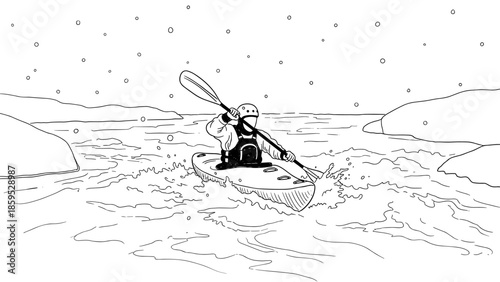 Kayaker navigating rapids in hand-drawn black and white art