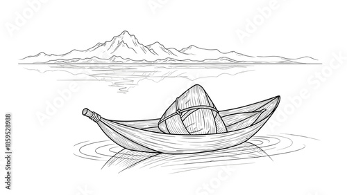 Tranquil boat floating on lake with mountain reflection in linear art