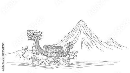 Dragon boat in dynamic waters with majestic mountain background in linear art