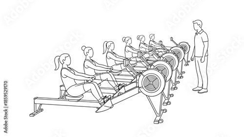 Group rowing machine workout with instructor in linear style