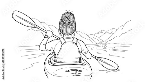 Line art drawing of woman kayaking on a scenic mountain lake adventure