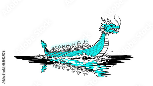 Dragon boat racing with team paddling symmetry and blue accents