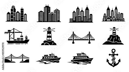 Urban silhouettes and nautical icons: cityscapes, ships, lighthouses, anchors, and bridges