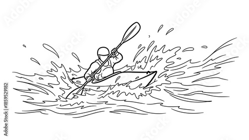Dynamic kayaking adventure: line art of paddler navigating rapids