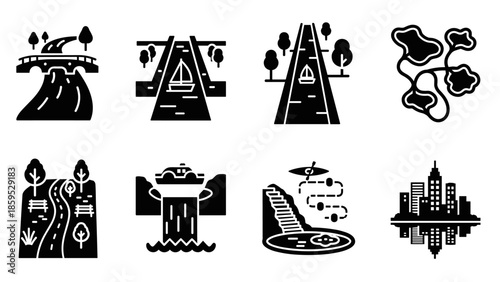 Silhouette icons of urban infrastructure and natural landscapes