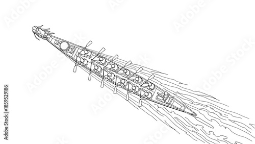 Dragon boat racing with team paddling in dynamic linear design