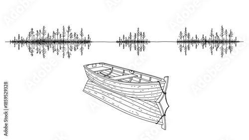 Serene lake landscape with rowboat and tree reflections in minimalist style