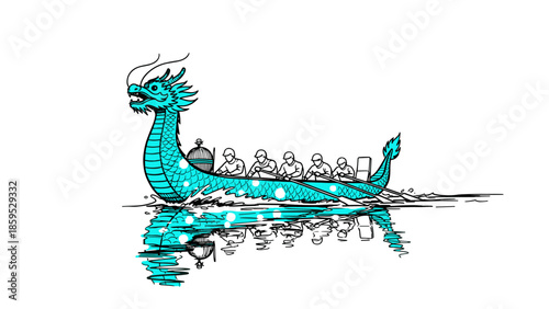 Dragon boat racing with turquoise accents and reflective water