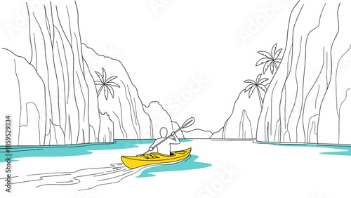 Minimalist kayaker exploring scenic tropical canyon surrounded by cliffs