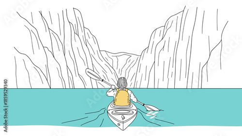 Adventurous kayaking journey through majestic mountain gorge in minimalist line art style