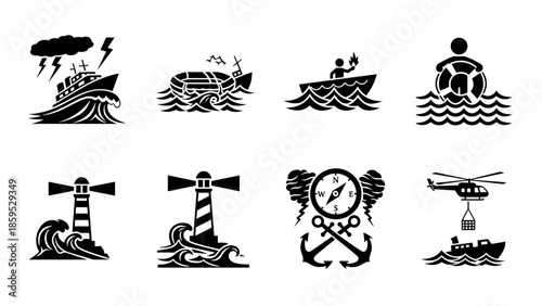 Dynamic nautical adventure icons set featuring ships, lighthouses, and more