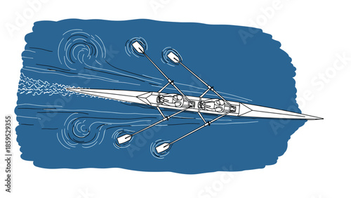 Dynamic linear design of rowing team in motion on blue water background