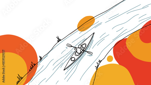 Minimalist kayak adventure on abstract river with orange and yellow accents