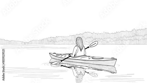 Peaceful kayaking in nature: woman paddling on calm lake with forest view in linear style