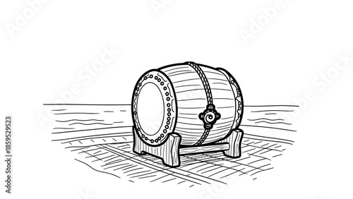 Vintage wooden barrel on stand by the sea in black and white sketch style