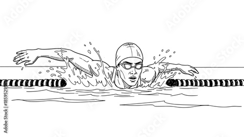Dynamic line art of a swimmer performing the butterfly stroke with splashes