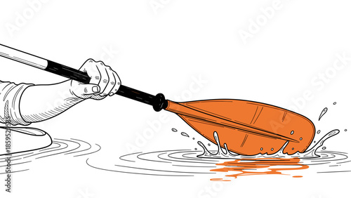 Hand paddling in kayak: dynamic black and white line art with orange accent