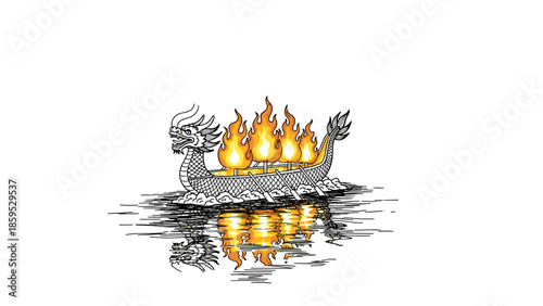 Hand drawn dragon boat on fire with dramatic water reflection