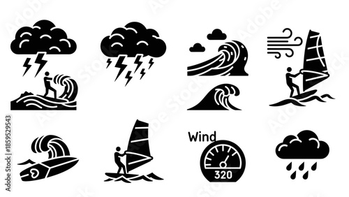 Monochrome weather and surf icons: storms, waves, and winds in minimal design