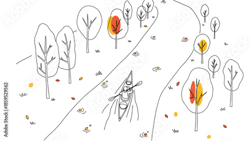 Minimalist autumn scene with canoe on river and fall foliage