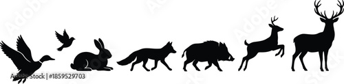 Wildlife animal silhouettes collection featuring duck, bird, rabbit, fox, boar, deer, stag in forest nature vector illustration design