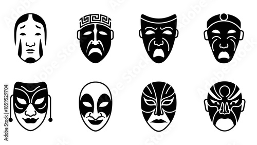 Traditional asian theatrical masks: set of eight iconic black and white designs