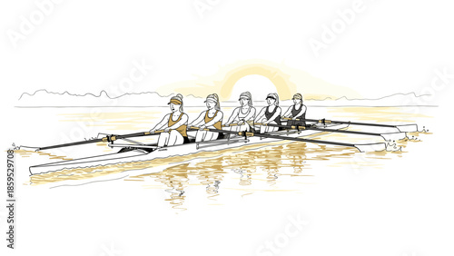 Team rowing at sunrise: linear art depiction of athletes on water
