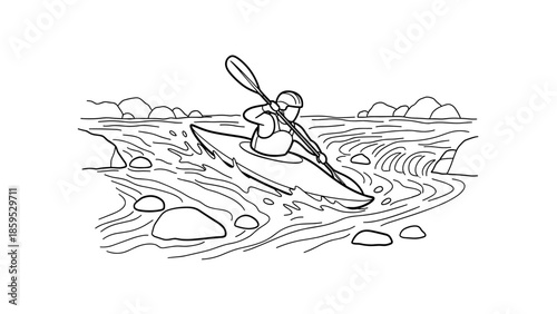 Line art kayaking adventure: dynamic river rapids and outdoor exploration