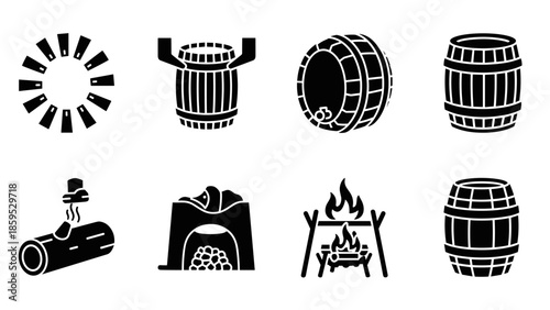 Rustic barrel and firewood icons: campfire and fireplace silhouettes for outdoor and brewery themes