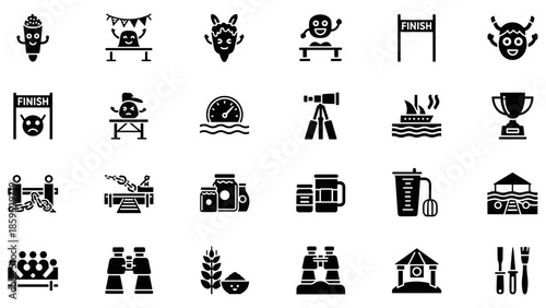 Diverse icons set featuring activities, nature, and objects in bold black silhouette style